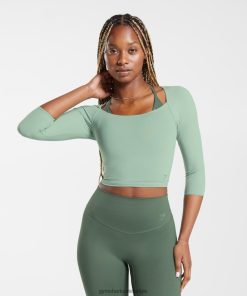 Gymshark Belgie - Gymshark Verhoogde crop top met 3/4 mouwen woestijn salie groen vrouwen Z6ZD64448