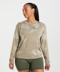 Gymshark Sale - Gymshark adapt camo naadloze top met lange mouwen kiezelgrijs/zielbruin vrouwen Z6ZD64477