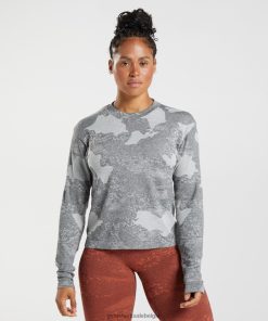 Gymshark Sale - Gymshark adapt camo naadloze top met lange mouwen lichtgrijs/zwart vrouwen Z6ZD64465