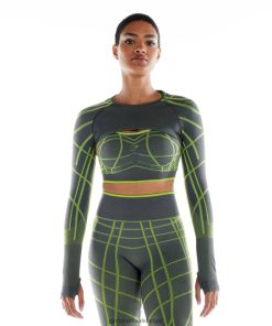 Gymshark Sale - Gymshark wtflex lineaire naadloze schouderophalen met lange mouwen antracietgrijs/fluogroen/lichtgrijs vrouwen Z6ZD64490