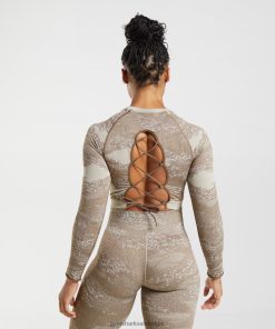 Gymshark Shorts - Gymshark adapt camo naadloze top met veters aan de achterkant kiezelgrijs/zielbruin vrouwen Z6ZD64458